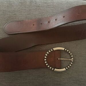 Wide Brown Leather Women's Belt with Decorative Silver-Tone Oval Buckle